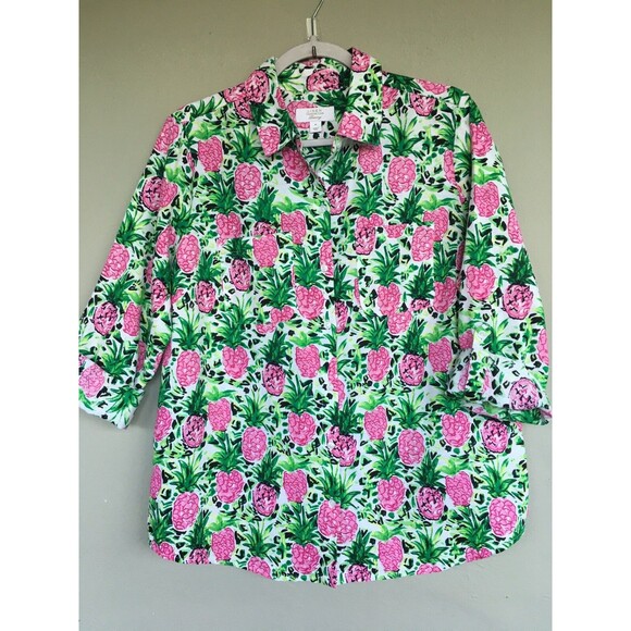 Charter Club Luxury Shirt M Linen Button Up Top Pineapple Print Casual Tropical - Picture 13 of 13